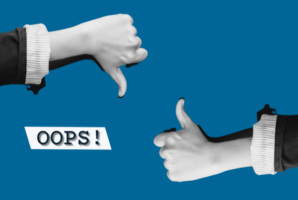 Thumbs down and thumbs up on blue background with the word 'oops'.